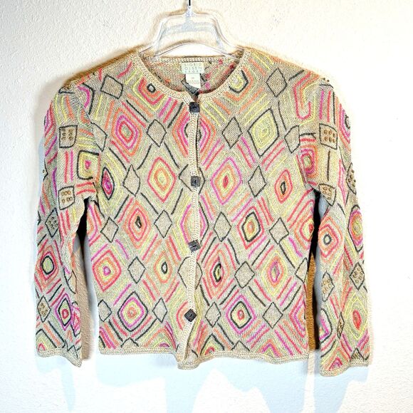 Sigrid Olsen Sport Women Med Tan Multicolor Geometric Beaded Knit Cardigan - Picture 1 of 9